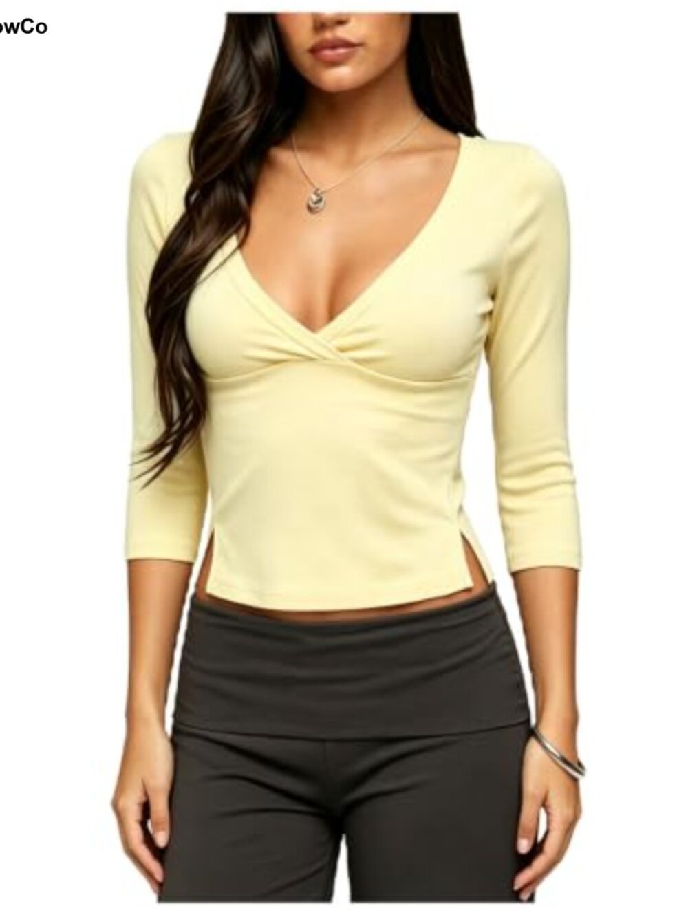 Women's 3/4 Sleeve V Neck Twist Front Wrap T-Shirt with Side Slit